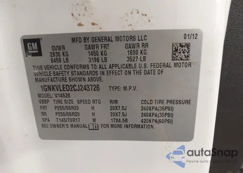 2012 Chevrolet Traverse Ltz из США, поврежденный, VIN 1GNKVLED2CJ243726